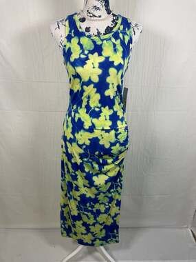 NWT Calvin Klein Blue and Neon Green Floral Ruched Sleeveless Maxi Dress Sz S